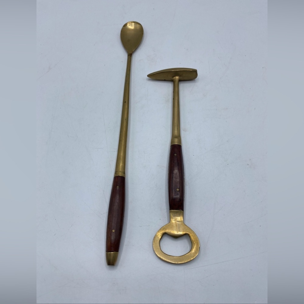 Vintage Brass Barware Bottle Opener Hammer /ice pick Wood Handle Stirring Spoon